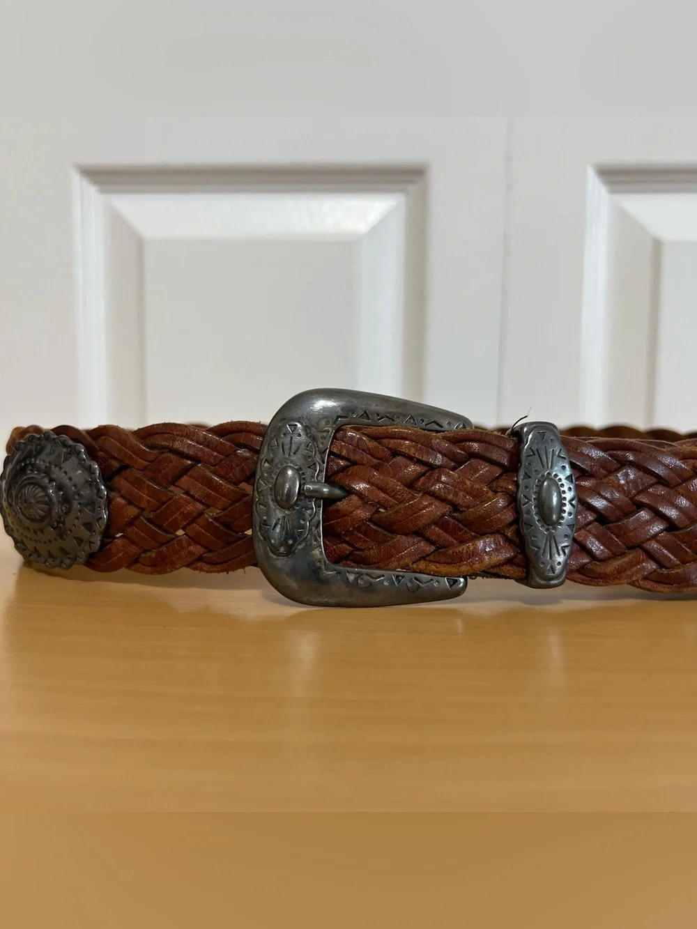 Vtg Another Line Braided Brown Leather Western Concho Belt Size Small